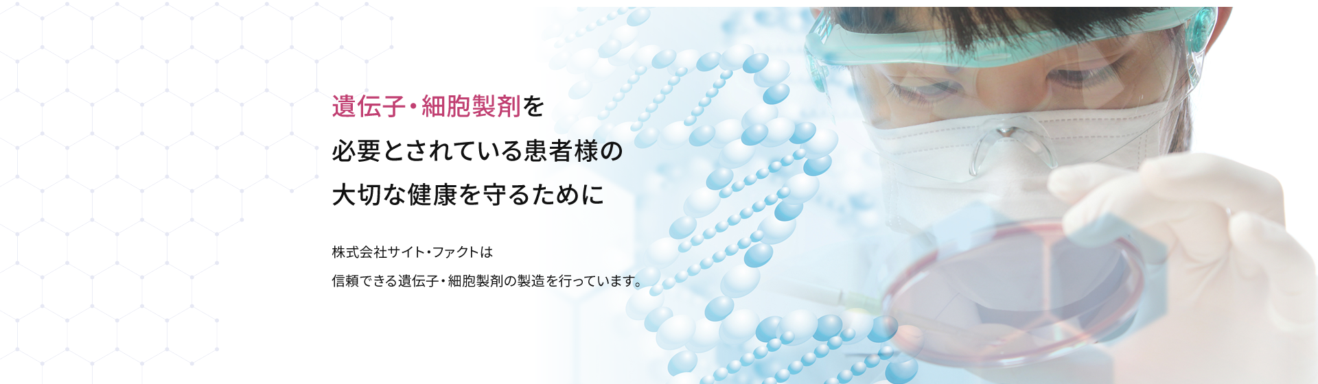 遺伝子・細胞製剤を必要とされている患者様の大切な健康を守るために 株式会社サイト・ファクトは信頼できる遺伝子・細胞製剤の製造を行っています。